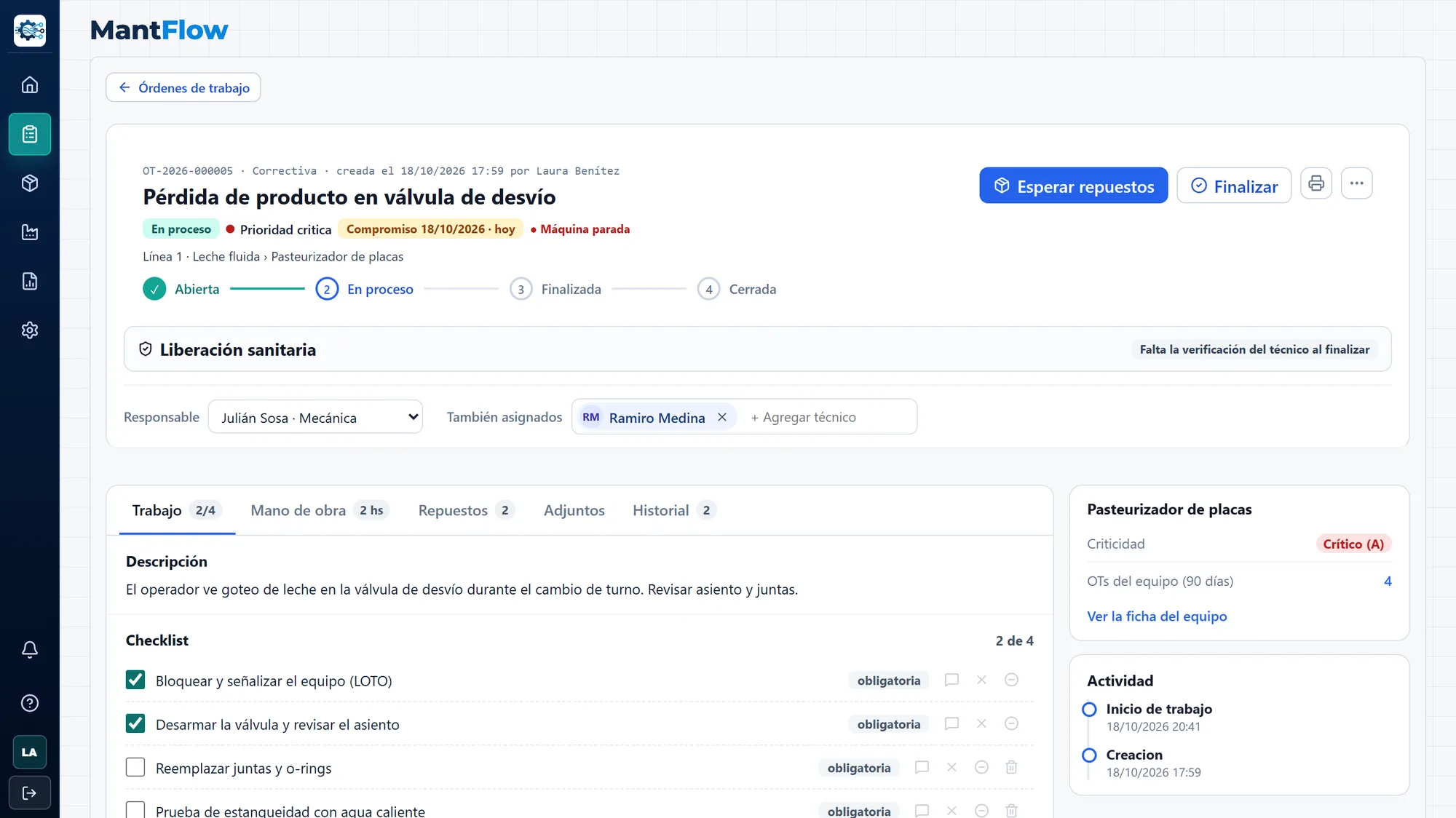 Detalle de una orden de trabajo en MantFlow, con datos de ejemplo